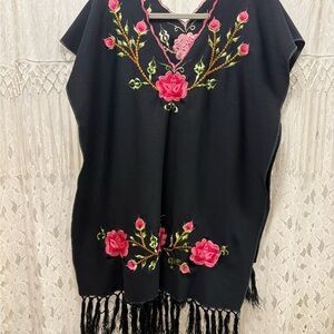 Black Poncho with Pink Floral Embroidery